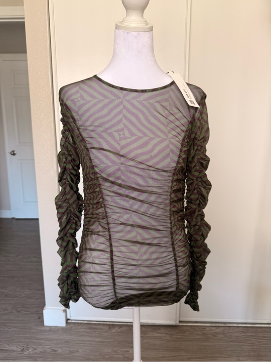 Zara Tops - 152. Ruched Long-Sleeve Mesh Top - Olive Green